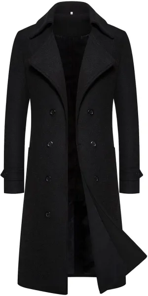 Men's Casual Slim Fit Long Jacket Trench Wool Blend Winter Overcoat with Pockets
