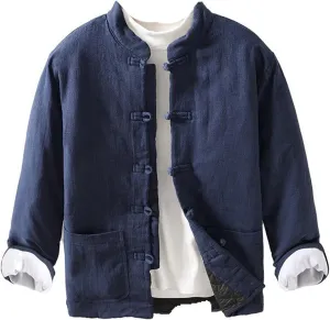 Men's Chinese Style Collarless Button-Up Thickened Cotton Padded Coat - Loose Casual Coat