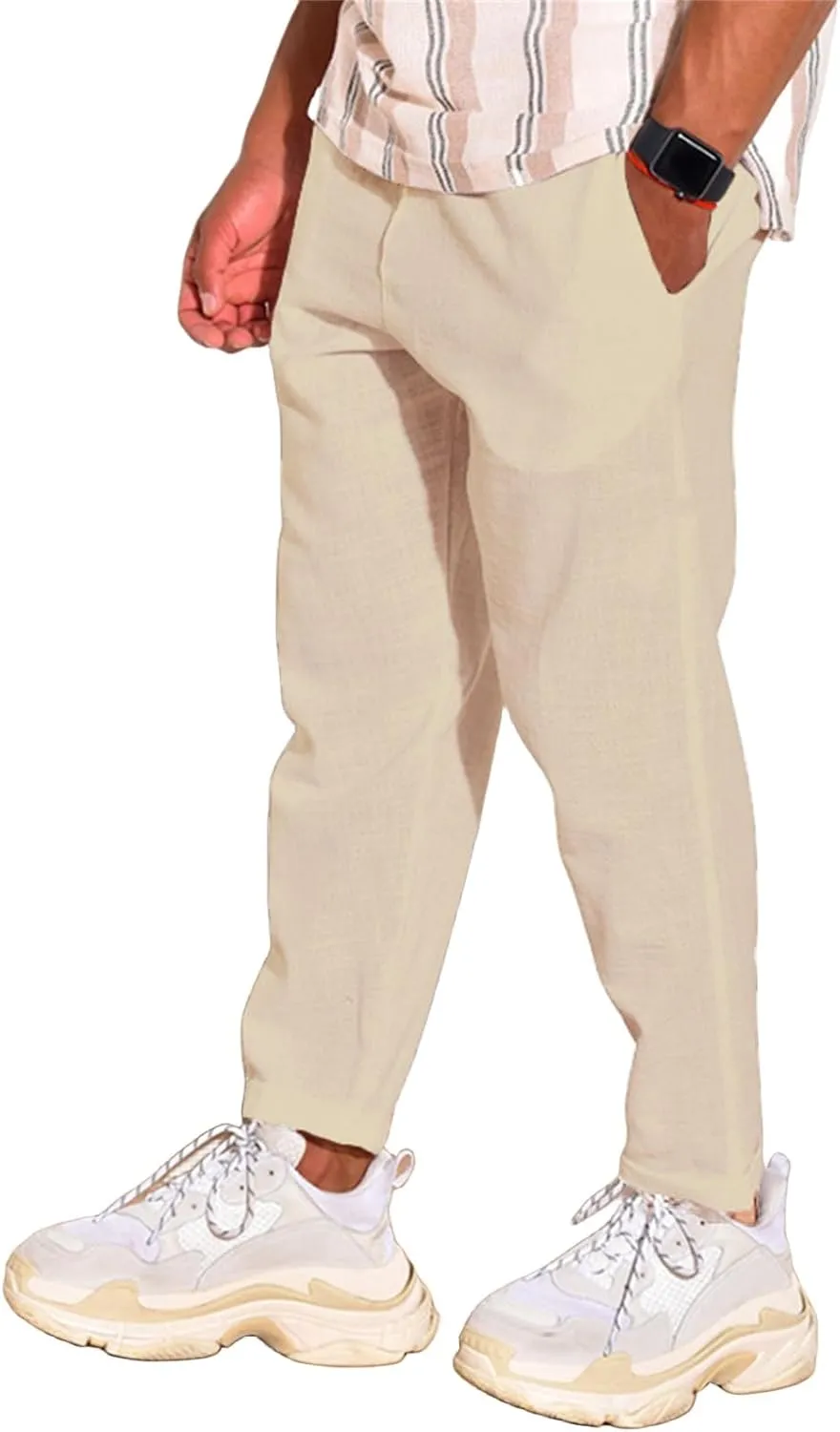 Mens Cotton Linen Casual Pants Drawstring Straight Elastic Waist Trousers Lightweight Slim Plaid Stretch Dress Pants