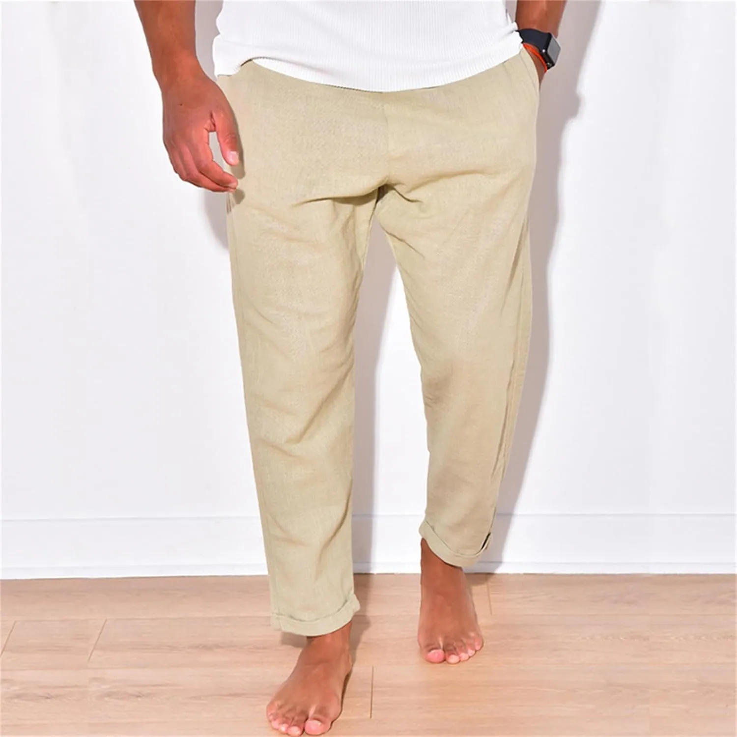 Mens Cotton Linen Casual Pants Drawstring Straight Elastic Waist Trousers Lightweight Slim Plaid Stretch Dress Pants