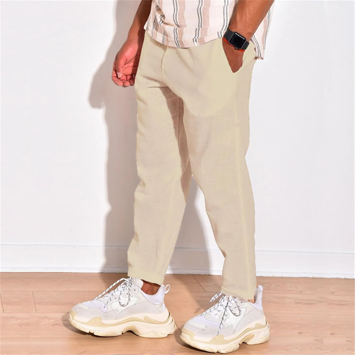 Mens Cotton Linen Casual Pants Drawstring Straight Elastic Waist Trousers Lightweight Slim Plaid Stretch Dress Pants