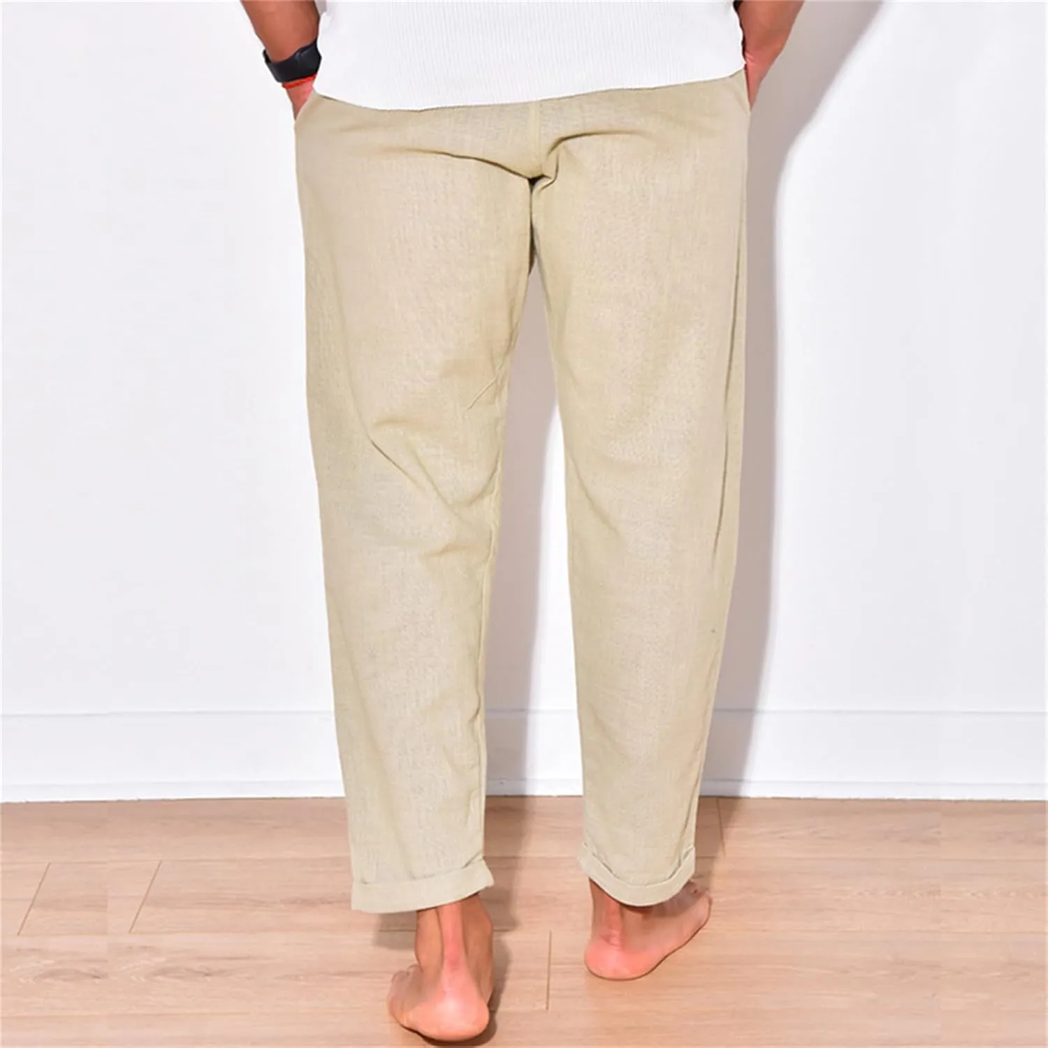 Mens Cotton Linen Casual Pants Drawstring Straight Elastic Waist Trousers Lightweight Slim Plaid Stretch Dress Pants