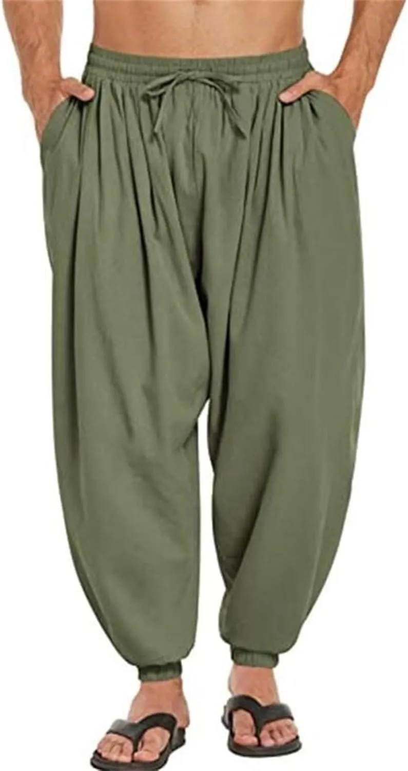 Men's Cotton Linen Casual Pants Solid Color Elastic Waist Drawstring with Pockets