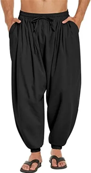 Men's Cotton Linen Casual Pants Solid Color Elastic Waist Drawstring with Pockets