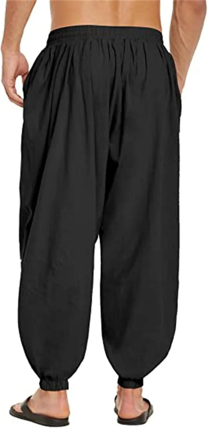 Men's Cotton Linen Casual Pants Solid Color Elastic Waist Drawstring with Pockets