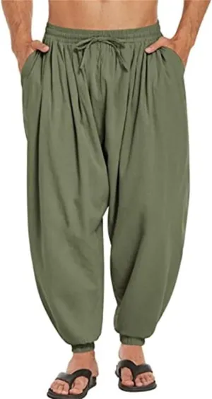 Men's Cotton Linen Casual Pants Solid Color Elastic Waist Drawstring with Pockets