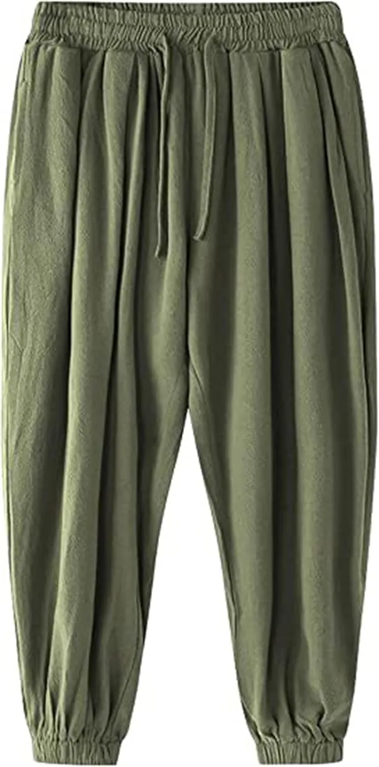 Men's Cotton Linen Casual Pants Solid Color Elastic Waist Drawstring with Pockets