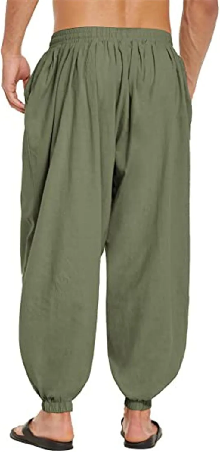 Men's Cotton Linen Casual Pants Solid Color Elastic Waist Drawstring with Pockets