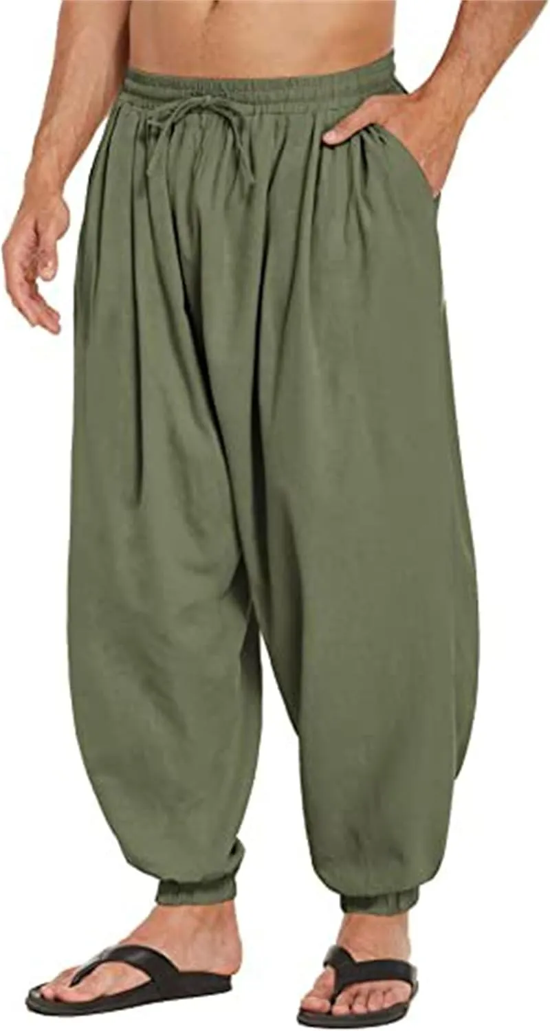 Men's Cotton Linen Casual Pants Solid Color Elastic Waist Drawstring with Pockets