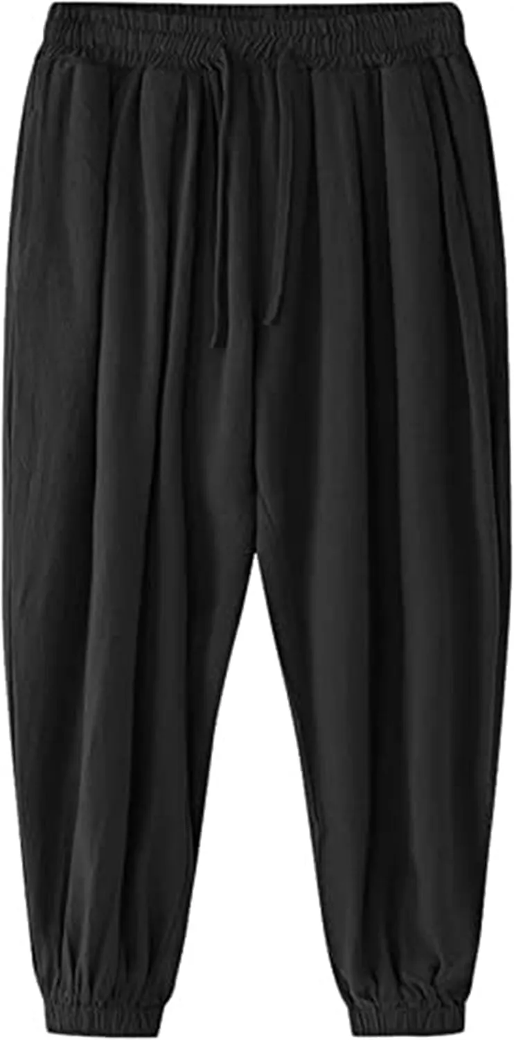 Men's Cotton Linen Casual Pants Solid Color Elastic Waist Drawstring with Pockets