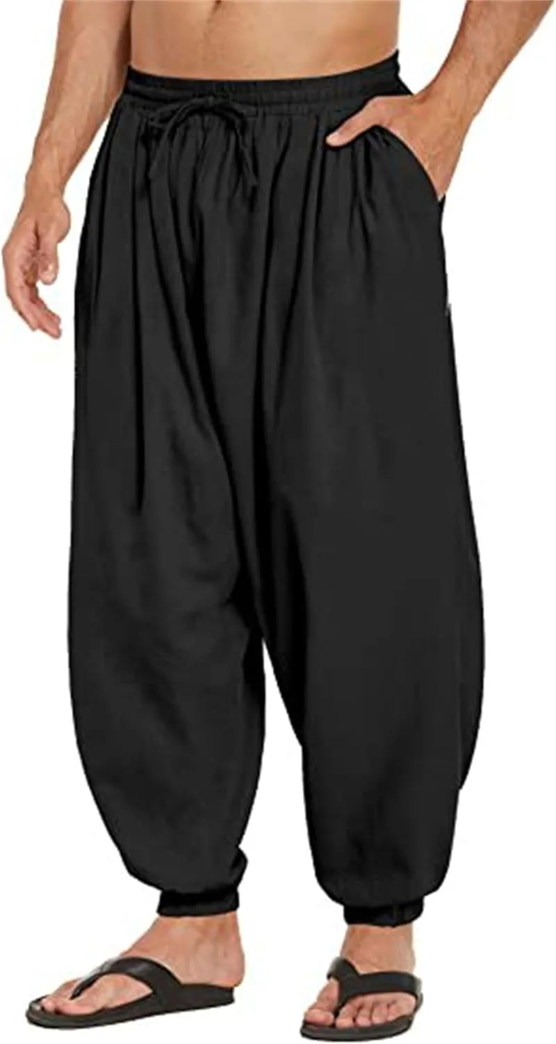 Men's Cotton Linen Casual Pants Solid Color Elastic Waist Drawstring with Pockets