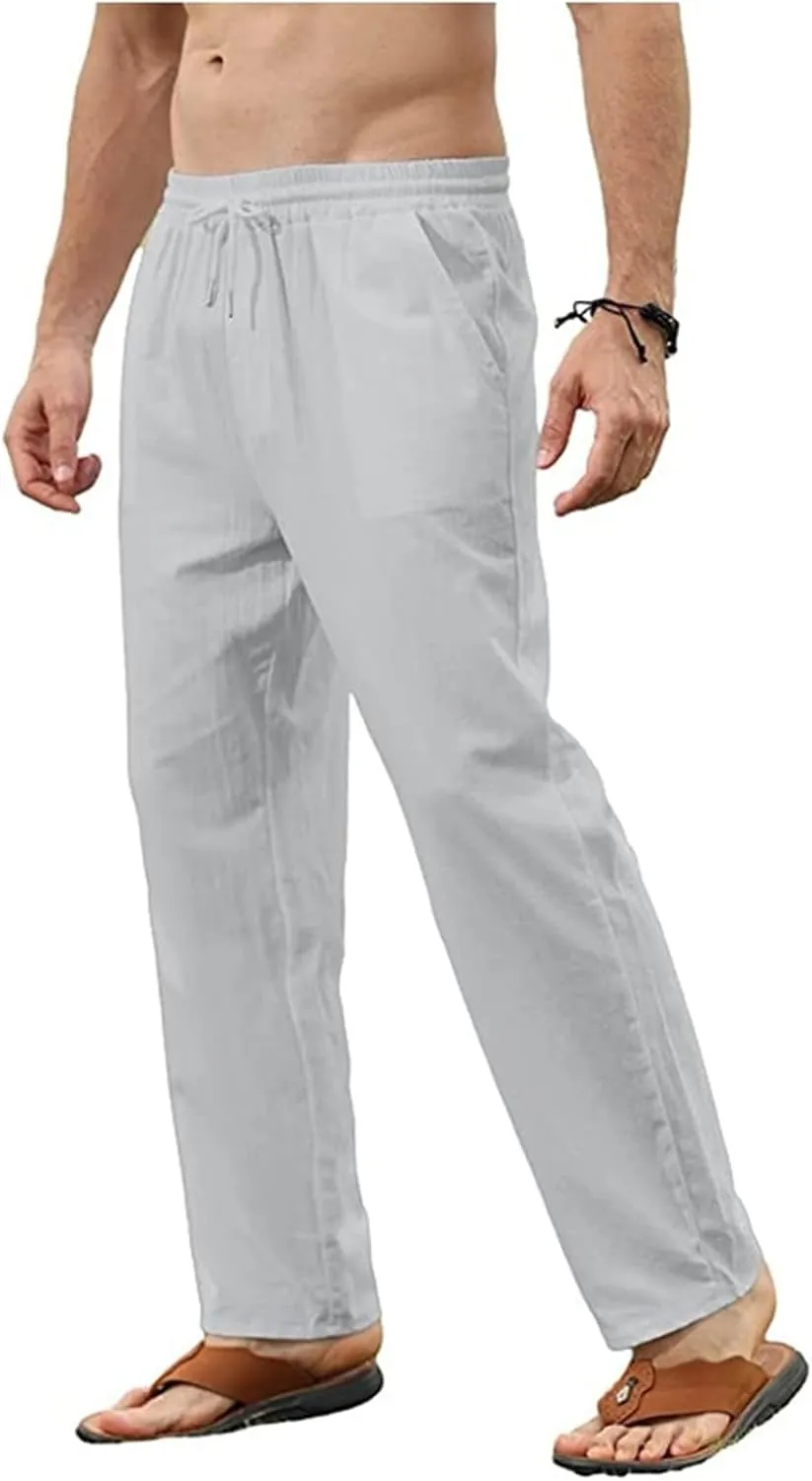 Mens Cotton Linen Pants Elastic Waist Casual Classic Lightweight Slim Fit Solid Sweatpants Outdoor Business Trousers