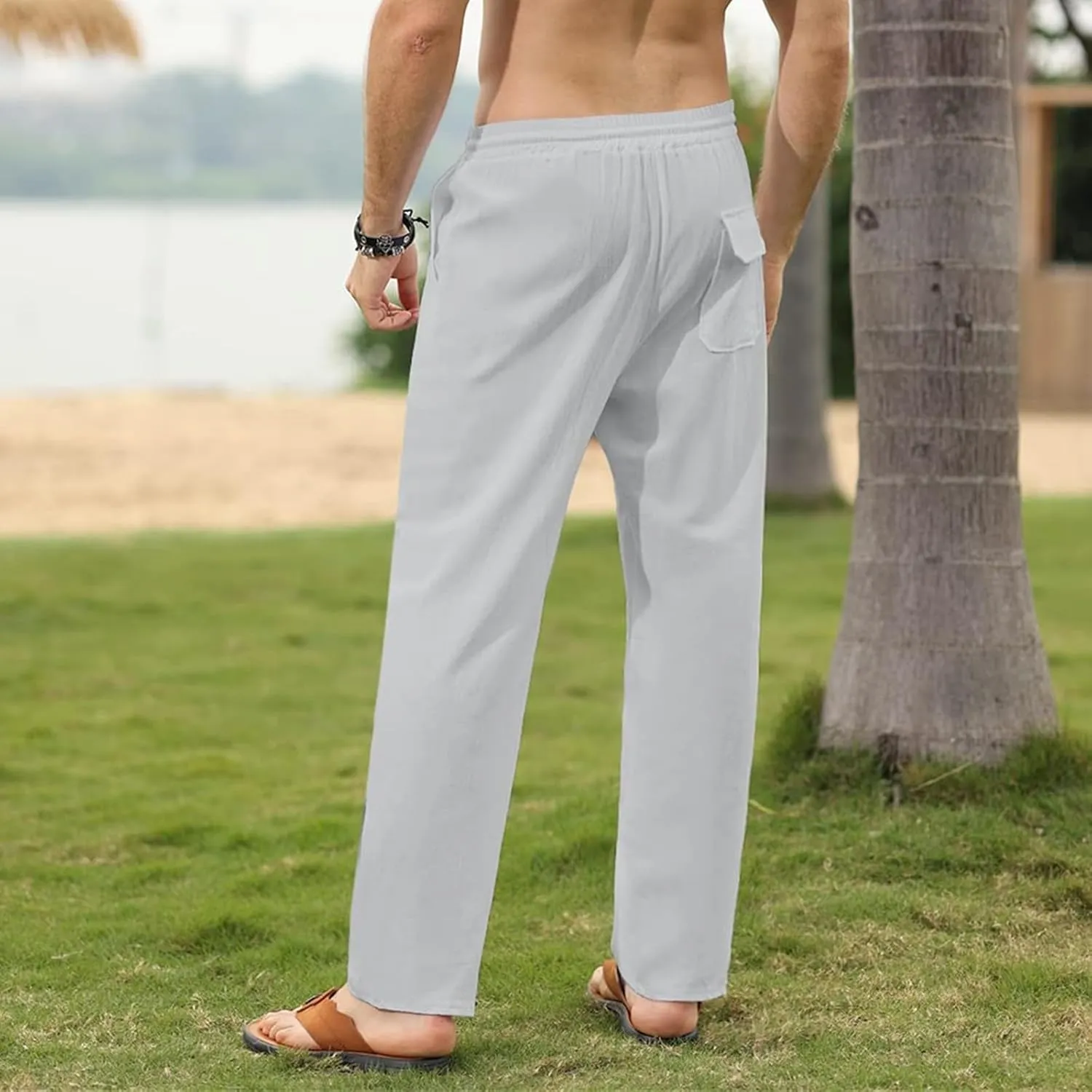 Mens Cotton Linen Pants Elastic Waist Casual Classic Lightweight Slim Fit Solid Sweatpants Outdoor Business Trousers