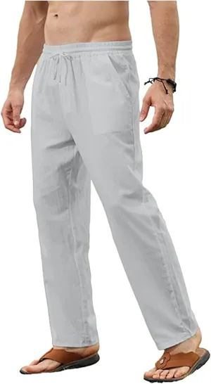 Mens Cotton Linen Pants Elastic Waist Casual Classic Lightweight Slim Fit Solid Sweatpants Outdoor Business Trousers