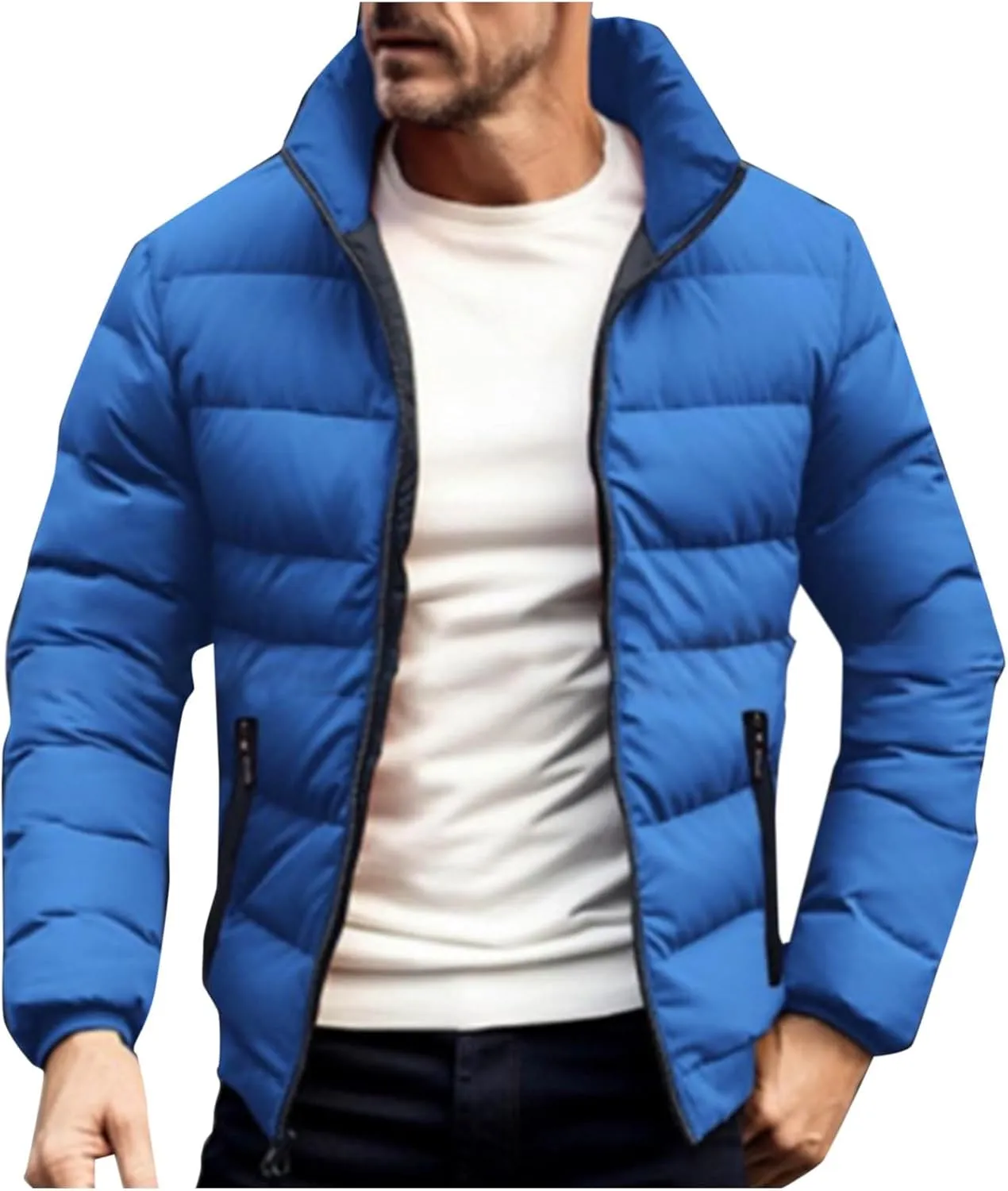 Mens Down Winter Coats Warm Puffer Jacket Stand Collar Cotton Padded Waterproof Outerwear with Zipper Pockets