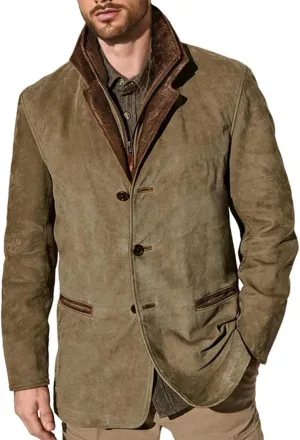 Mens Faux Suede Blazer Leather Suit Jacket Distressed Notch Lapel Buttons Sport Coat Zip Vintage Work Wear with Pockets
