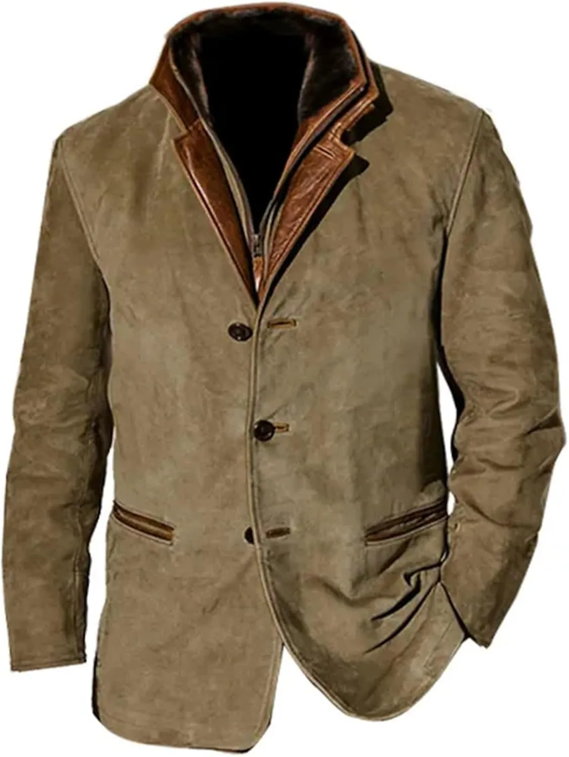 Mens Faux Suede Blazer Leather Suit Jacket Distressed Notch Lapel Buttons Sport Coat Zip Vintage Work Wear with Pockets
