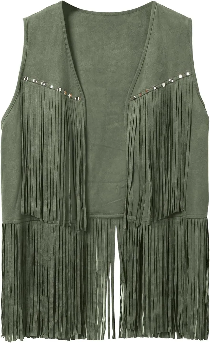 Men's Faux Suede Vest V Neck Fringe Sleeveless Western Cowboy Open Front Vest Party Club Waistcoat Jacket Tops