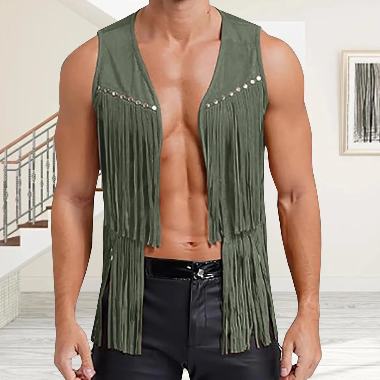 Men's Faux Suede Vest V Neck Fringe Sleeveless Western Cowboy Open Front Vest Party Club Waistcoat Jacket Tops