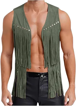 Men's Faux Suede Vest V Neck Fringe Sleeveless Western Cowboy Open Front Vest Party Club Waistcoat Jacket Tops
