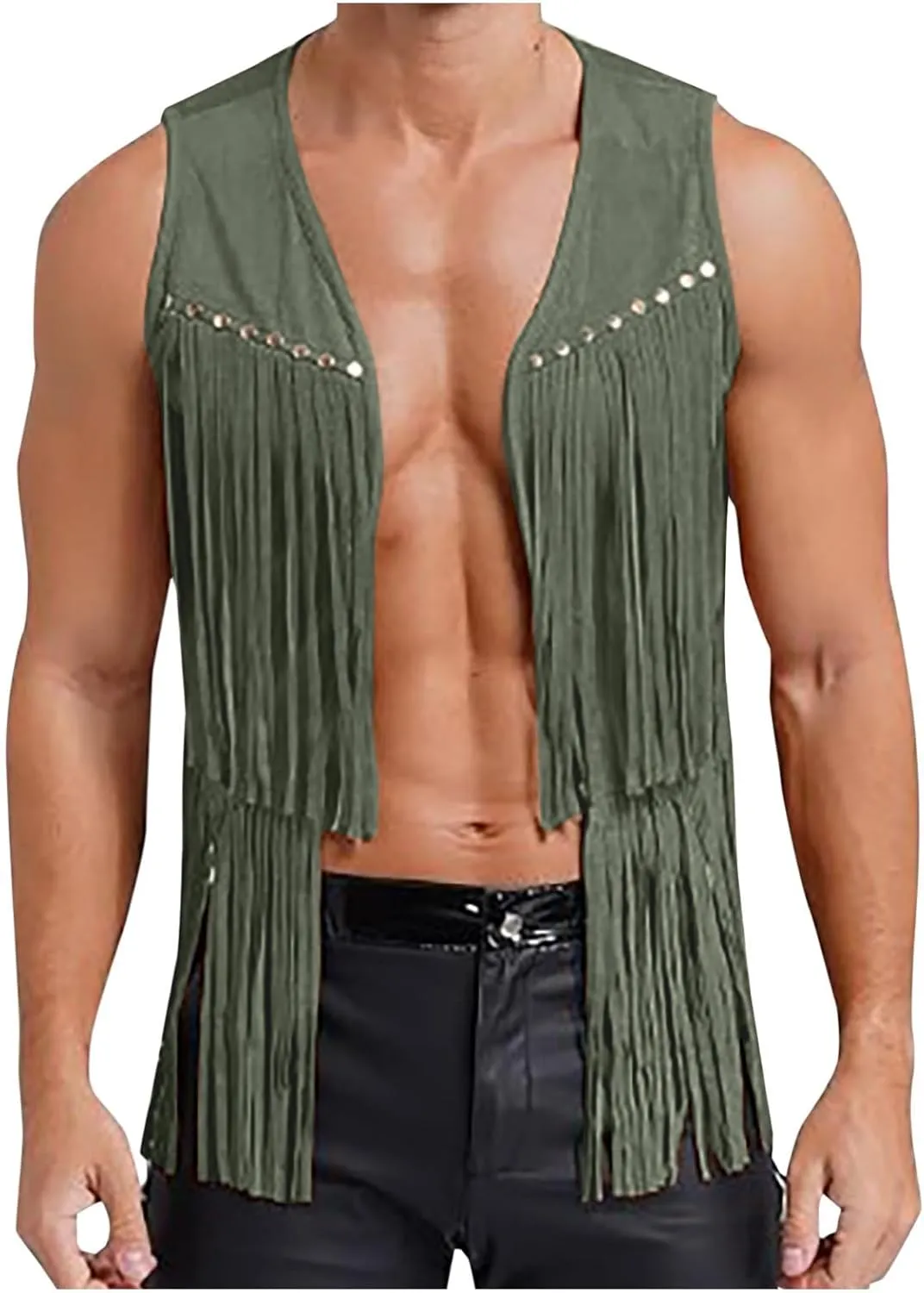 Men's Faux Suede Vest V Neck Fringe Sleeveless Western Cowboy Open Front Vest Party Club Waistcoat Jacket Tops
