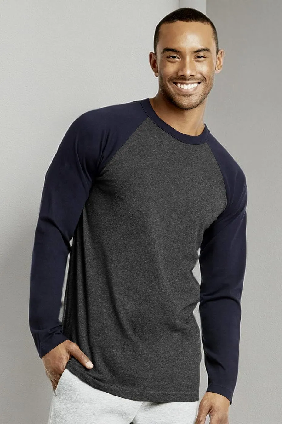 Men's Full Length Sleeve Raglan Cotton Baseball Tee Shirt