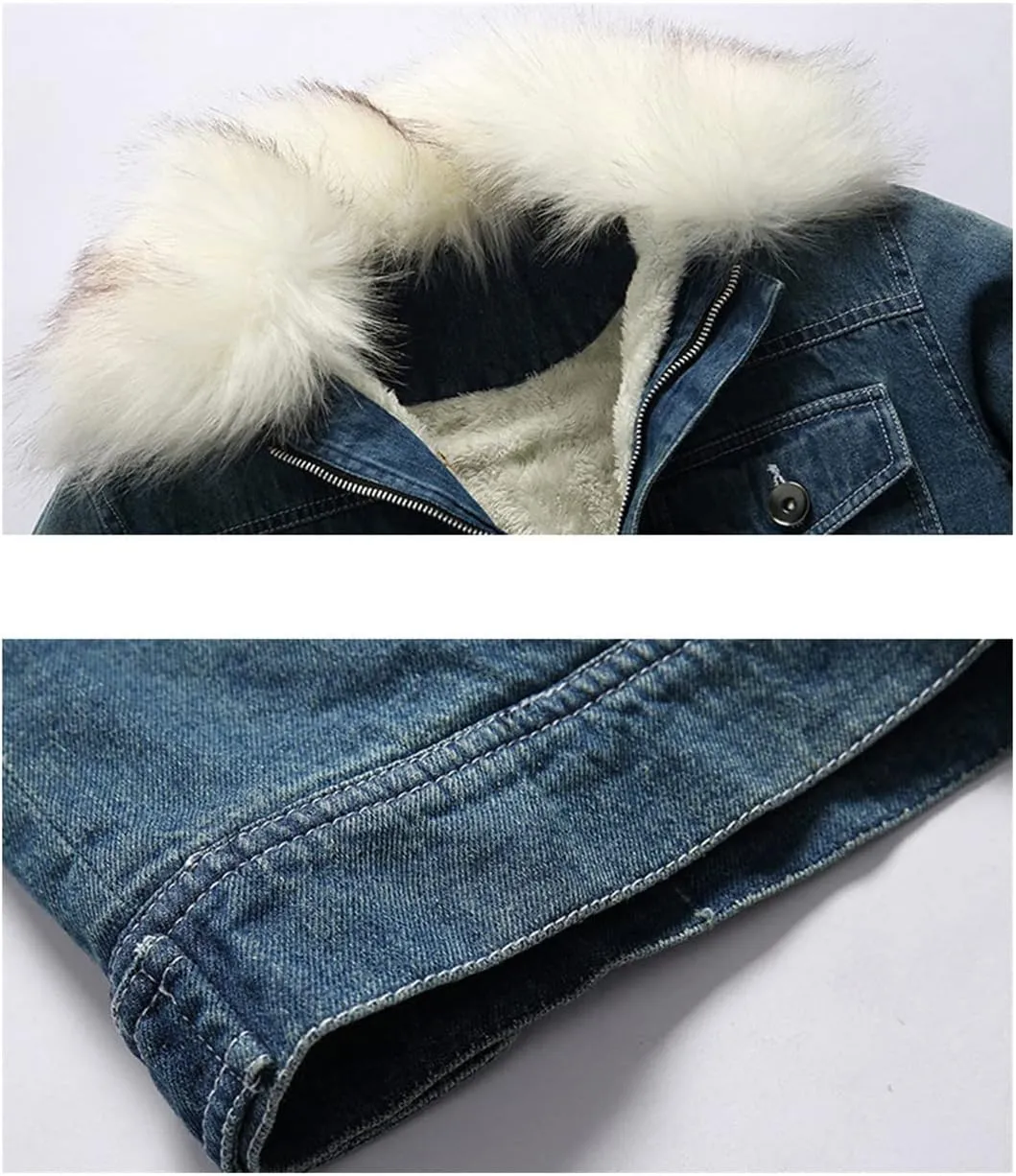 Men's Fur Collar Denim Coat Winter Cotton-Padded Casual Jacket Denim Thick Clothing
