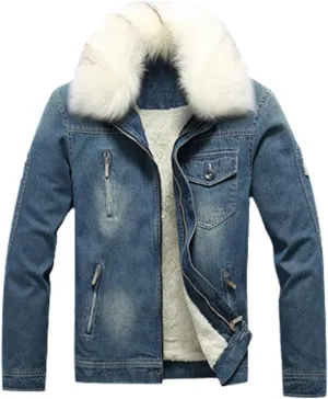 Men's Fur Collar Denim Coat Winter Cotton-Padded Casual Jacket Denim Thick Clothing