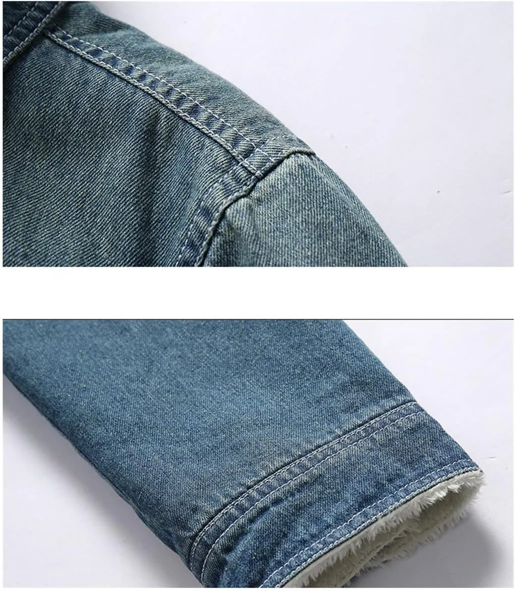 Men's Fur Collar Denim Coat Winter Cotton-Padded Casual Jacket Denim Thick Clothing