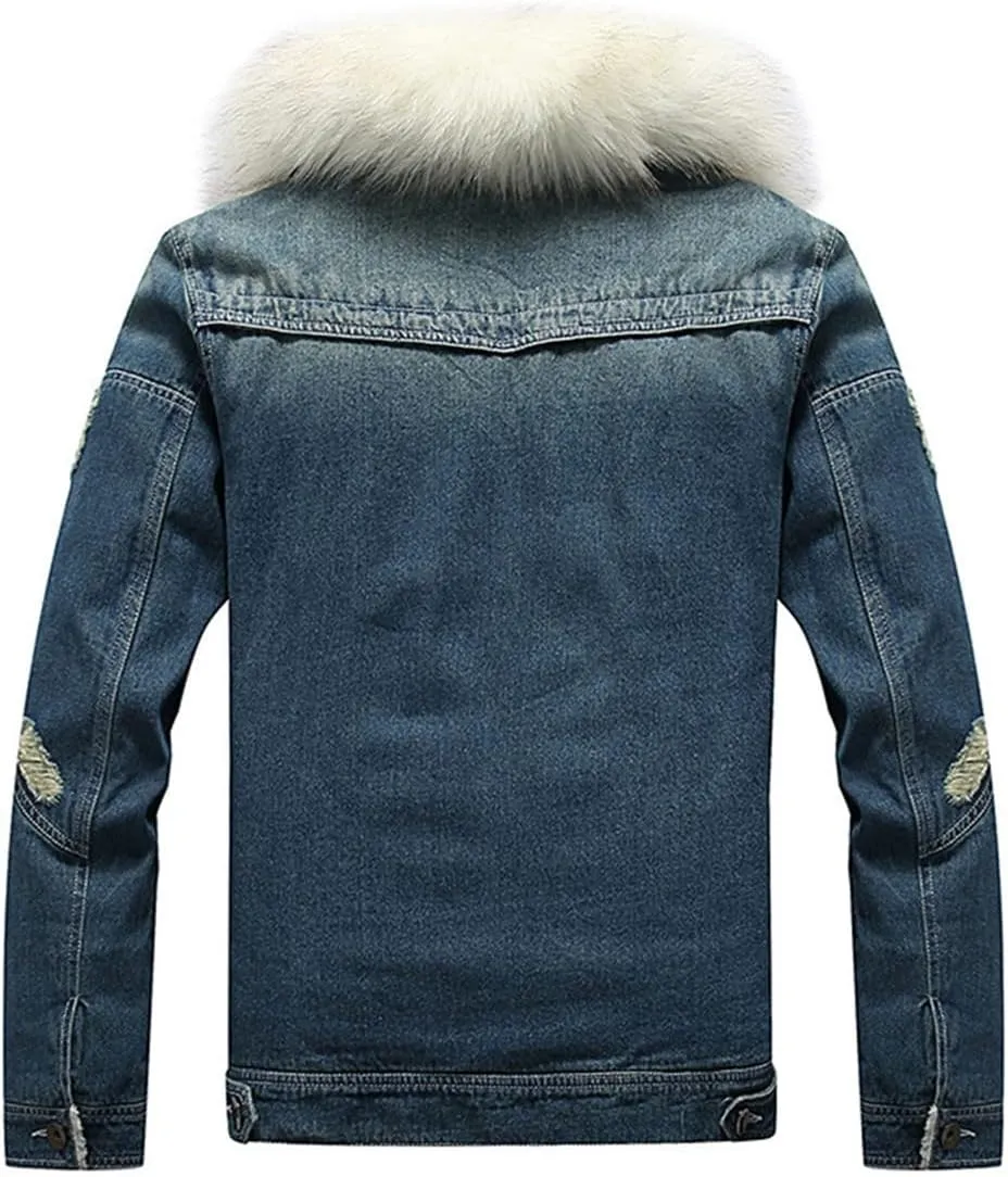 Men's Fur Collar Denim Coat Winter Cotton-Padded Casual Jacket Denim Thick Clothing
