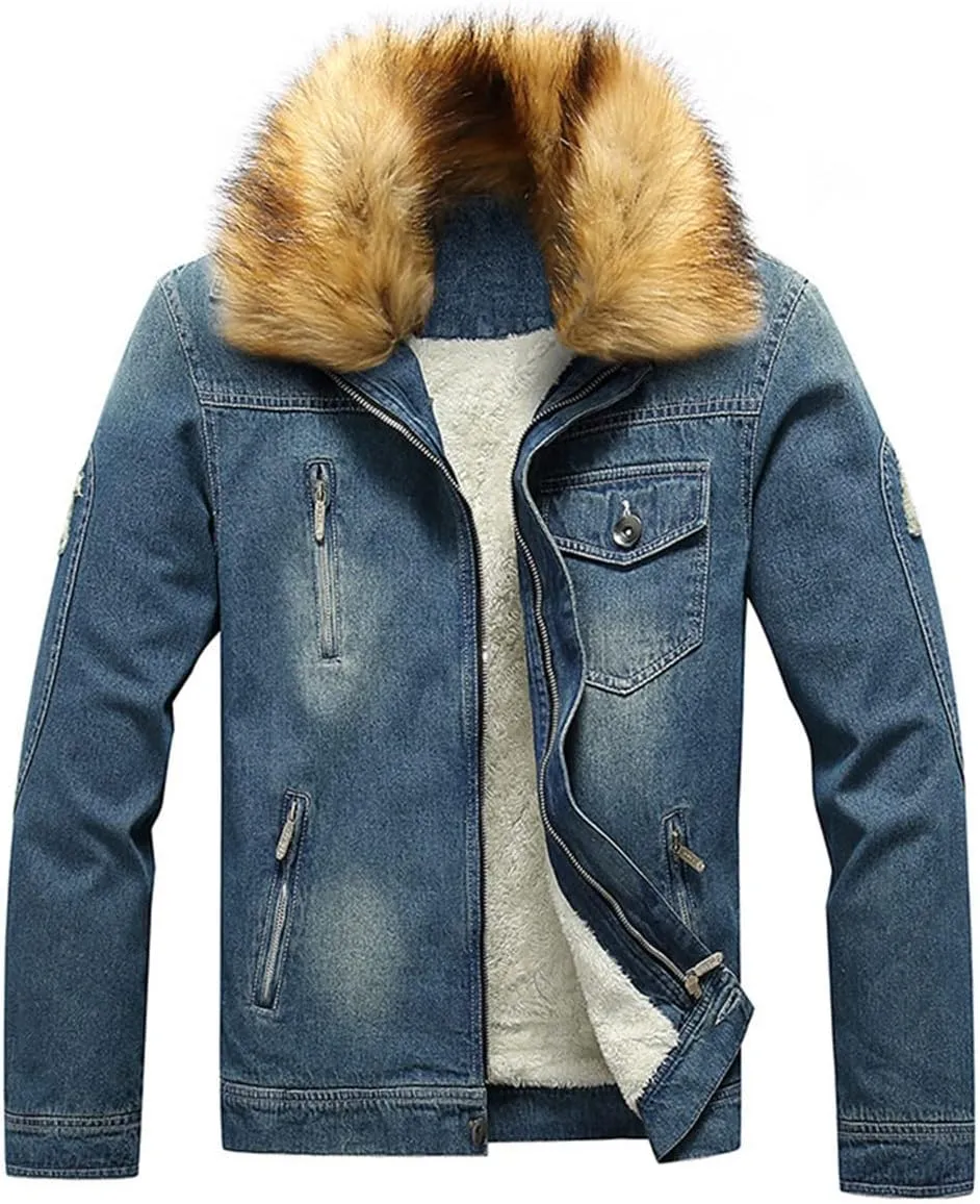 Men's Fur Collar Denim Coat Winter Cotton-Padded Casual Jacket Denim Thick Clothing