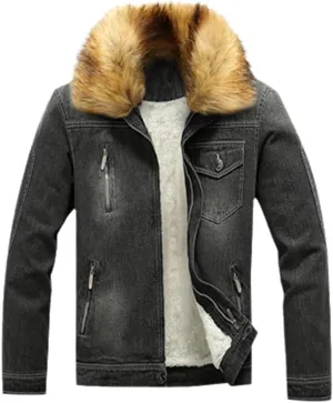 Men's Fur Collar Denim Coat Winter Cotton-Padded Casual Jacket Denim Thick Clothing