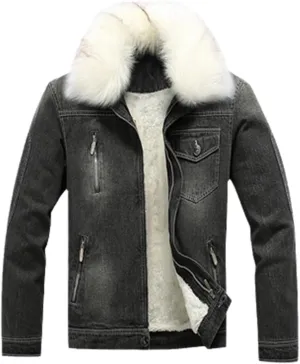 Men's Fur Collar Denim Coat Winter Cotton-Padded Casual Jacket Denim Thick Clothing