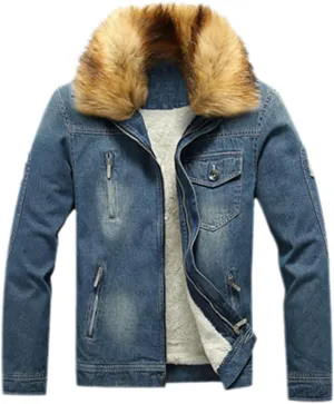 Men's Fur Collar Denim Coat Winter Cotton-Padded Casual Jacket Denim Thick Clothing