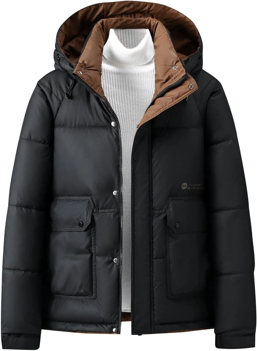 Mens Hooded Puffer Jacket Waterproof Down Coats Winter Warm Cotton Padded Bubble Coat with Flap Pockets