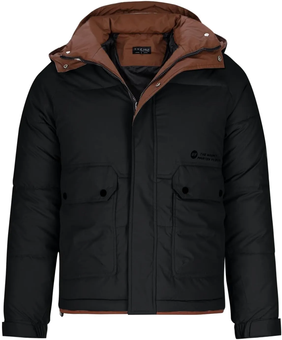 Mens Hooded Puffer Jacket Waterproof Down Coats Winter Warm Cotton Padded Bubble Coat with Flap Pockets