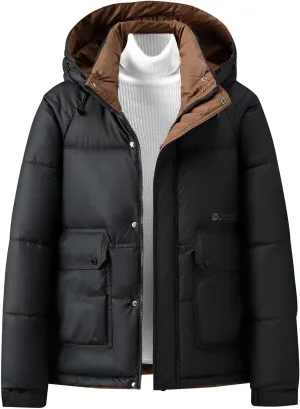 Mens Hooded Puffer Jacket Waterproof Down Coats Winter Warm Cotton Padded Bubble Coat with Flap Pockets