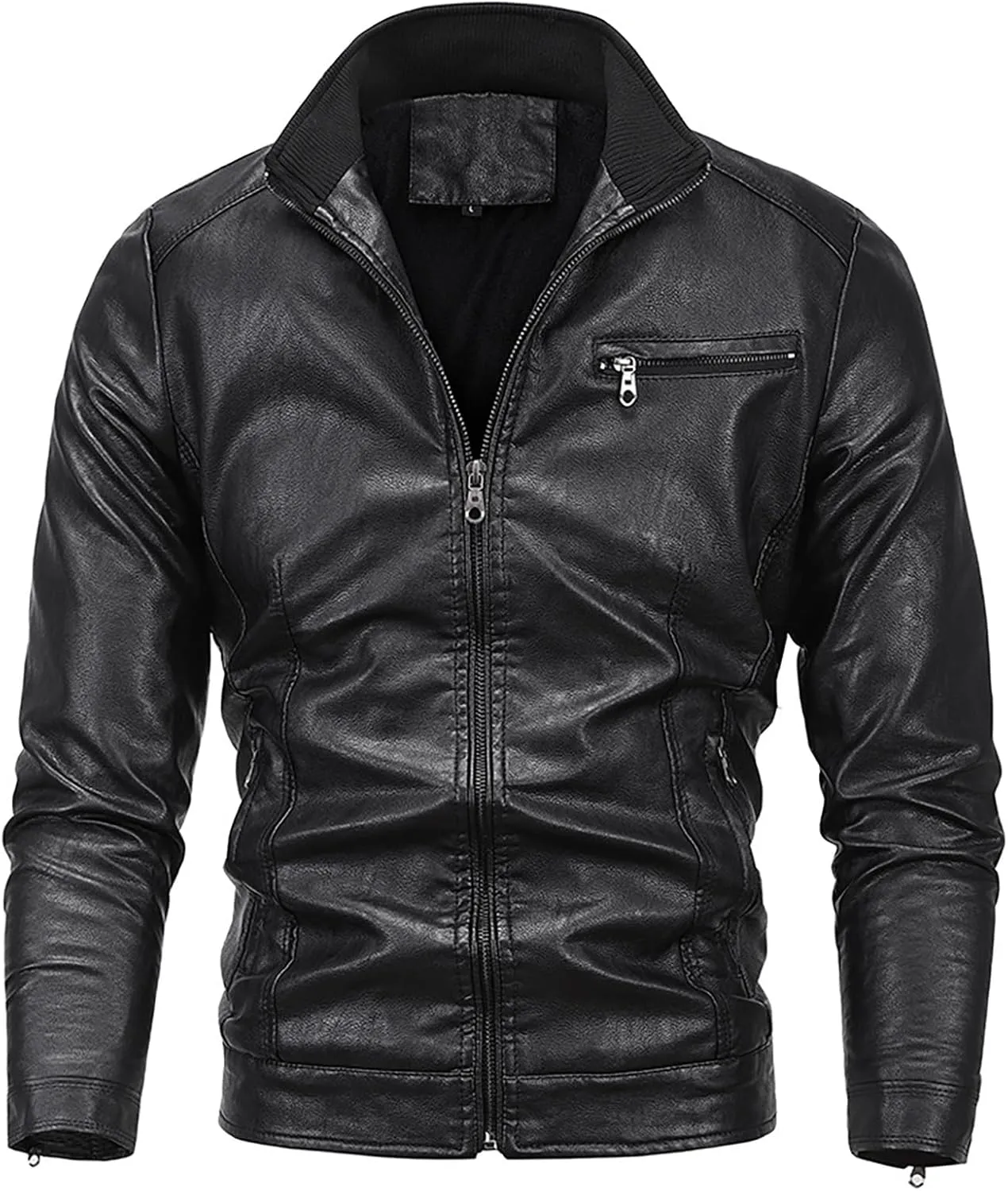 Men's Leather Jacket Stand Collar Faux Biker Vintage Motorcycle Outwear Long Sleeve Waterproof Distressed Zip Jackets
