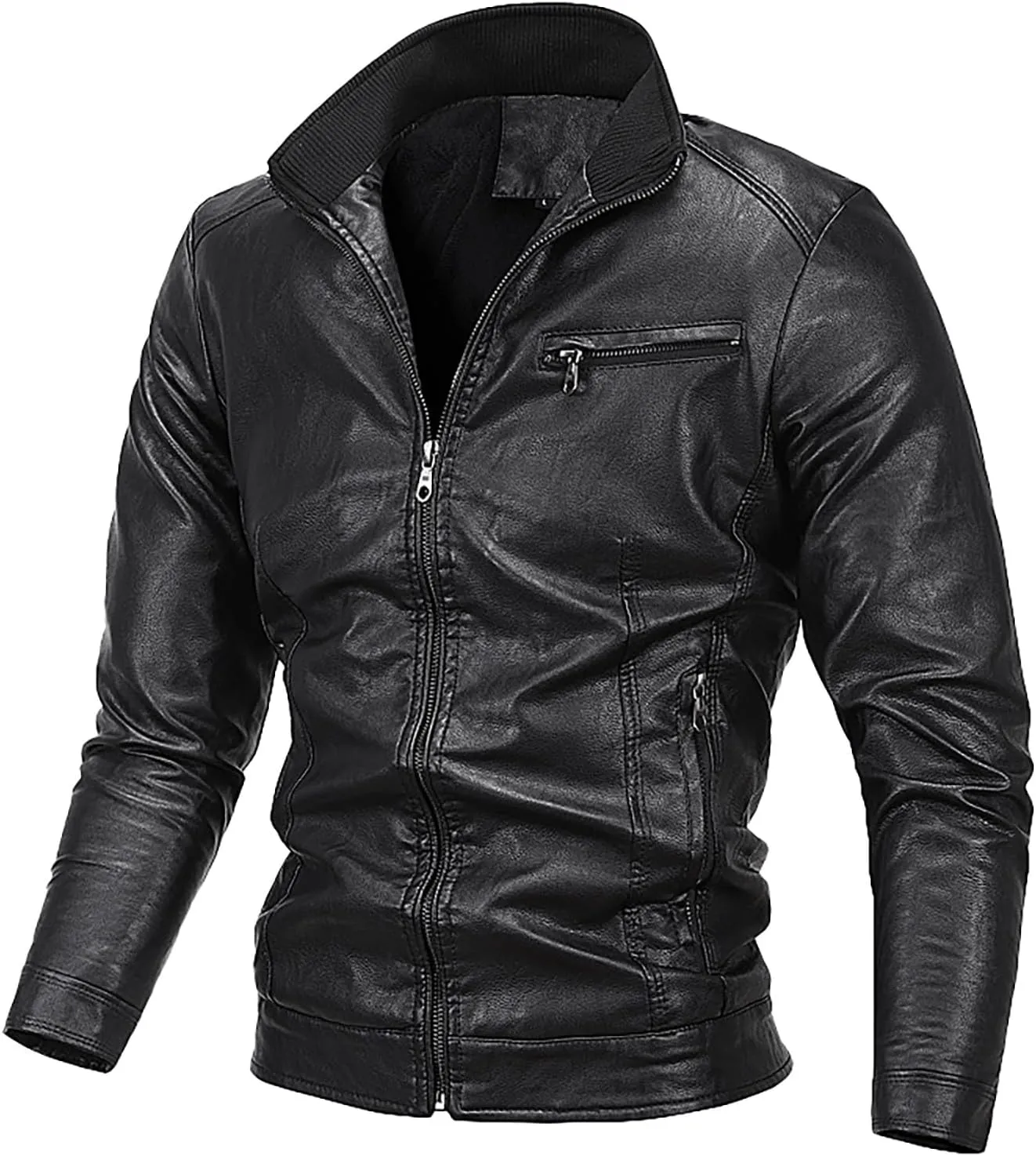 Men's Leather Jacket Stand Collar Faux Biker Vintage Motorcycle Outwear Long Sleeve Waterproof Distressed Zip Jackets