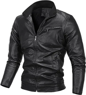 Men's Leather Jacket Stand Collar Faux Biker Vintage Motorcycle Outwear Long Sleeve Waterproof Distressed Zip Jackets