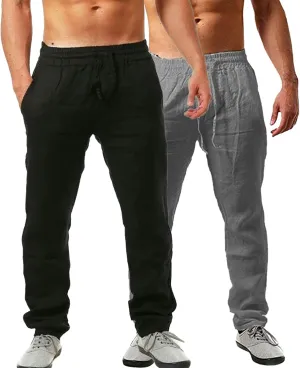 Mens Linen Pants Elastic-Waisted Lightweight Straight-Leg Vacation Casual Pant with Pocket Solid Color Travel Outfits