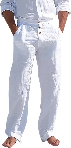 Mens Linen Pants Straight-Legs Lightweight Elastic Waist Cotton Pants Casual Summer Beach with Pocket Fashion Trousers