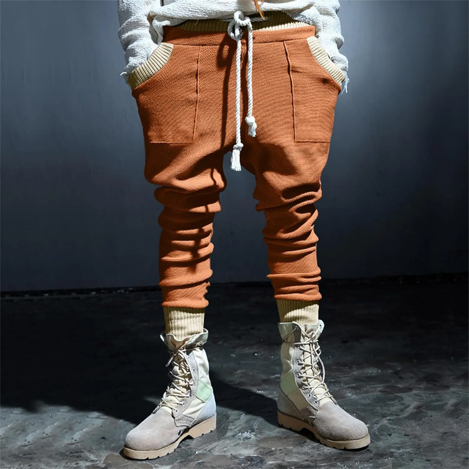 Mens Novelty Tapered Pants Patchwork Knitted Drawstring Joggers Active Gym Trousers Slim Fit Casual Fashion Sweatpants