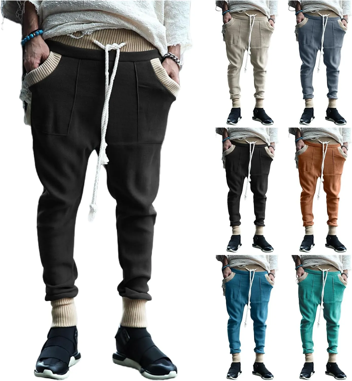 Mens Novelty Tapered Pants Patchwork Knitted Drawstring Joggers Active Gym Trousers Slim Fit Casual Fashion Sweatpants