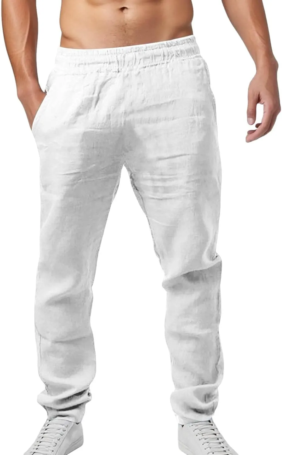 Mens Pants Casual Solid Color Vacation Elastic-Waisted Cotton Drawstring Pant Fashion Relax Fit High-Waisted Outfits