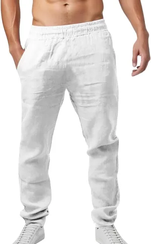 Mens Pants Casual Solid Color Vacation Elastic-Waisted Cotton Drawstring Pant Fashion Relax Fit High-Waisted Outfits