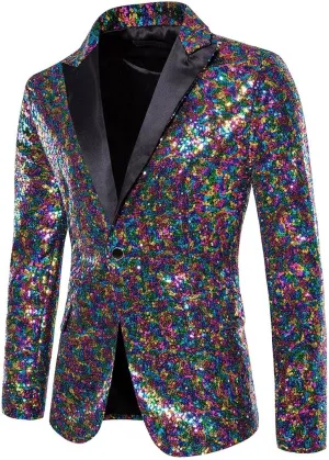 Mens Sequins Blazer 70s 80s Disco Suit Jacket Lapel Tuxedo Jackets for Party Wedding Prom, Shiny Christmas Outfits