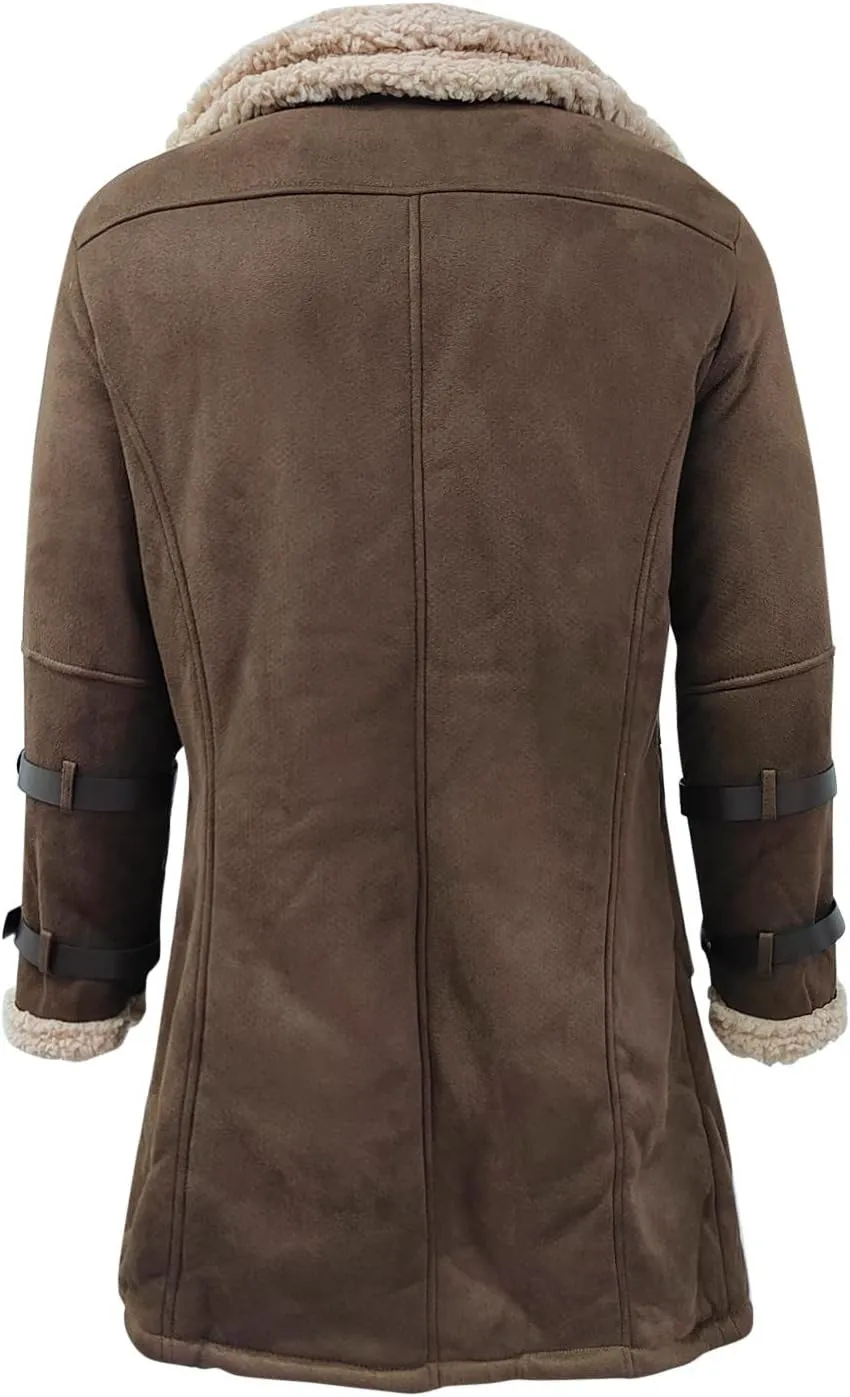 Mens Sherpa Lined Suede Leather Jacket Sheepskin Shearling Faux Fur Lined Winter Jacket Outdoor Trench Coat Outerwear