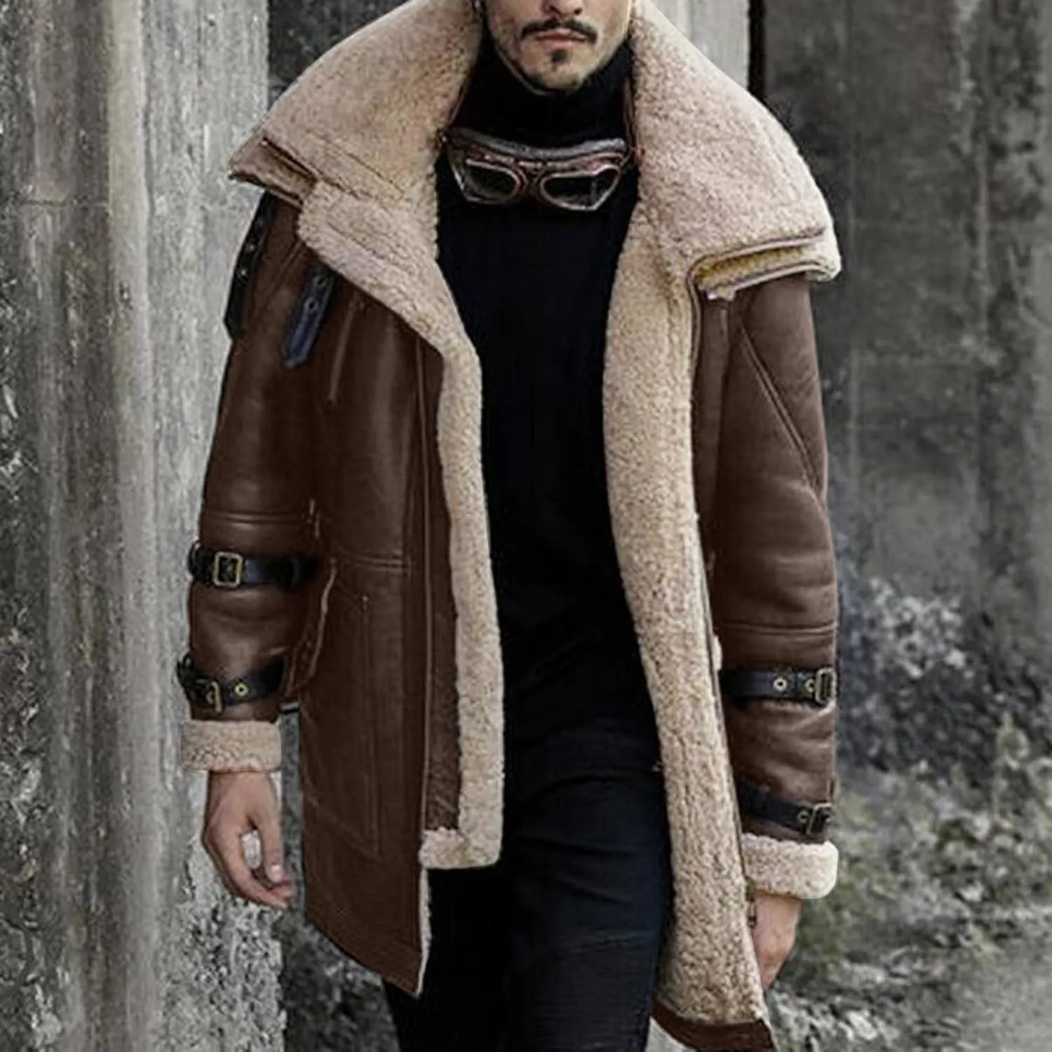 Mens Sherpa Lined Suede Leather Jacket Sheepskin Shearling Faux Fur Lined Winter Jacket Outdoor Trench Coat Outerwear