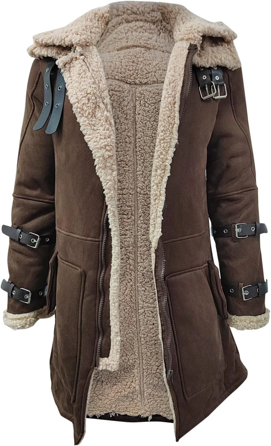 Mens Sherpa Lined Suede Leather Jacket Sheepskin Shearling Faux Fur Lined Winter Jacket Outdoor Trench Coat Outerwear
